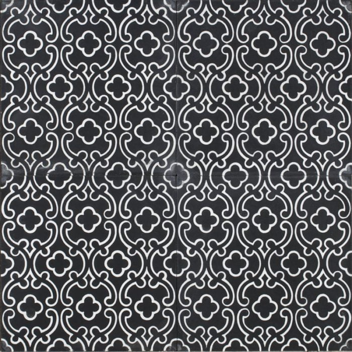 black tile with white design