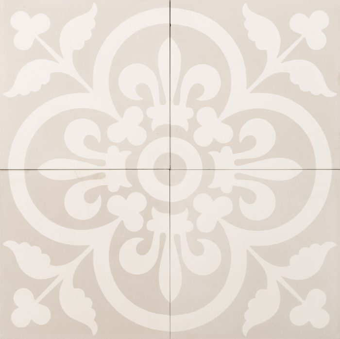 light grey and white tile with a flower/clover pattern and fout tiles make the pattern