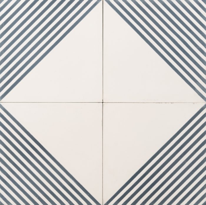 navy and white tile with navy lines forming a diamond pattern