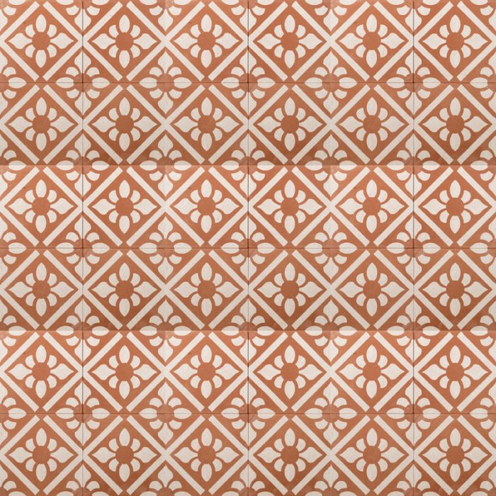 terracotta coloured tile with terrazzo effect and white lilies