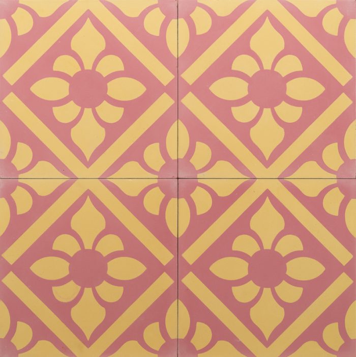 pink and yellow coloured tile with a lily pattern