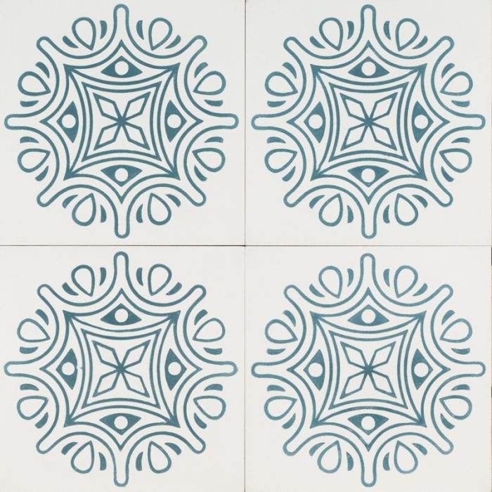 white maharani tile with a blue pattern