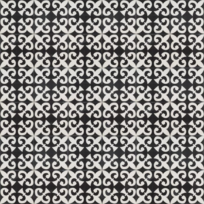 black tile with intricate white design