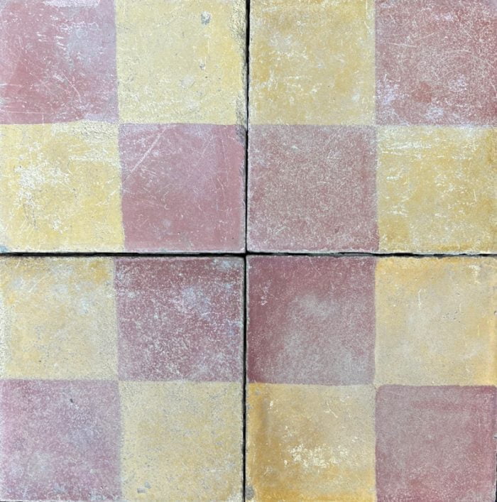 Antique Encaustic Cement Tiles - Red and Mustard Check Antique